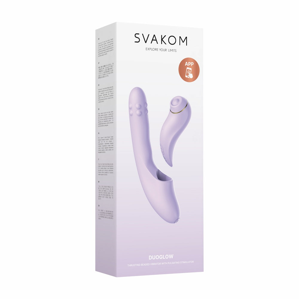 Front View Of Svakom DuoGlow Thrusting Beaded G-spot Vibrator With Pulsating Clitoral Stimulator Packaging On White Background