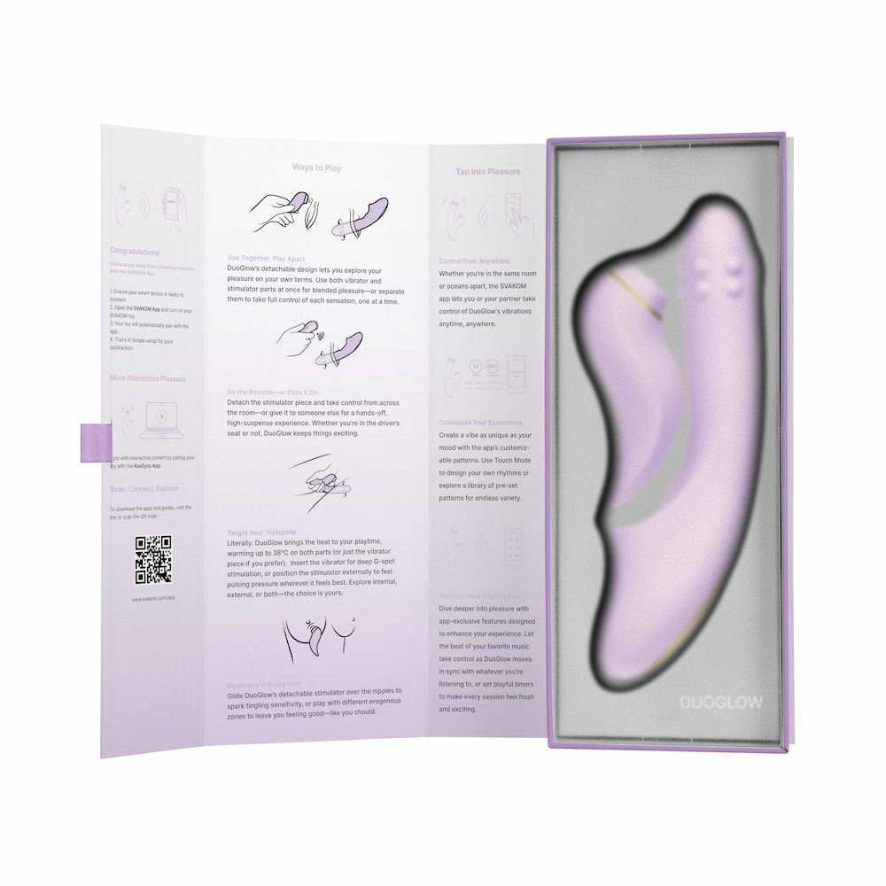 Contents Of Svakom DuoGlow Thrusting Beaded G-spot Vibrator With Pulsating Clitoral Stimulator with instructions