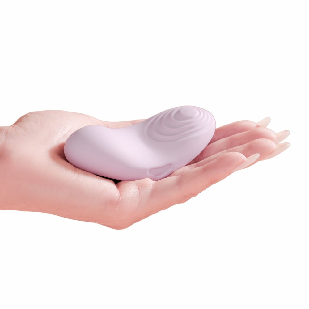 Hand Holding Svakom Echo 2 App-Controlled Flexible Finger Vibrator (Pink Lilac) On White Background