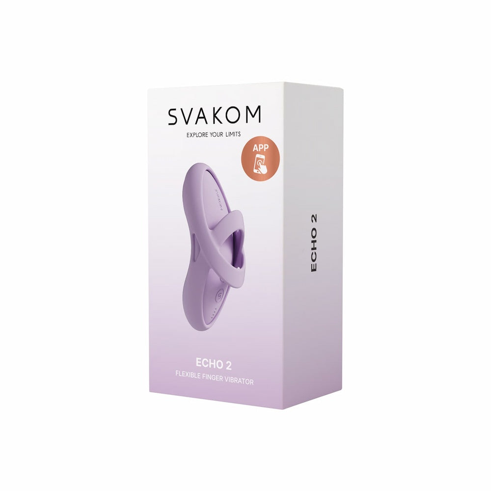 Front View Of Svakom Echo 2 App-Controlled Flexible Finger Vibrator (Pink Lilac) Packaging on White Background