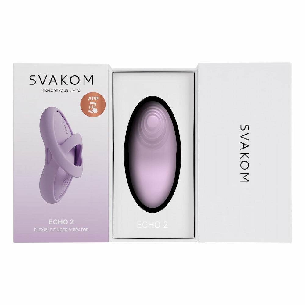 Contents Of Svakom Echo 2 App-Controlled Flexible Finger Vibrator (Pink Lilac) Packaging