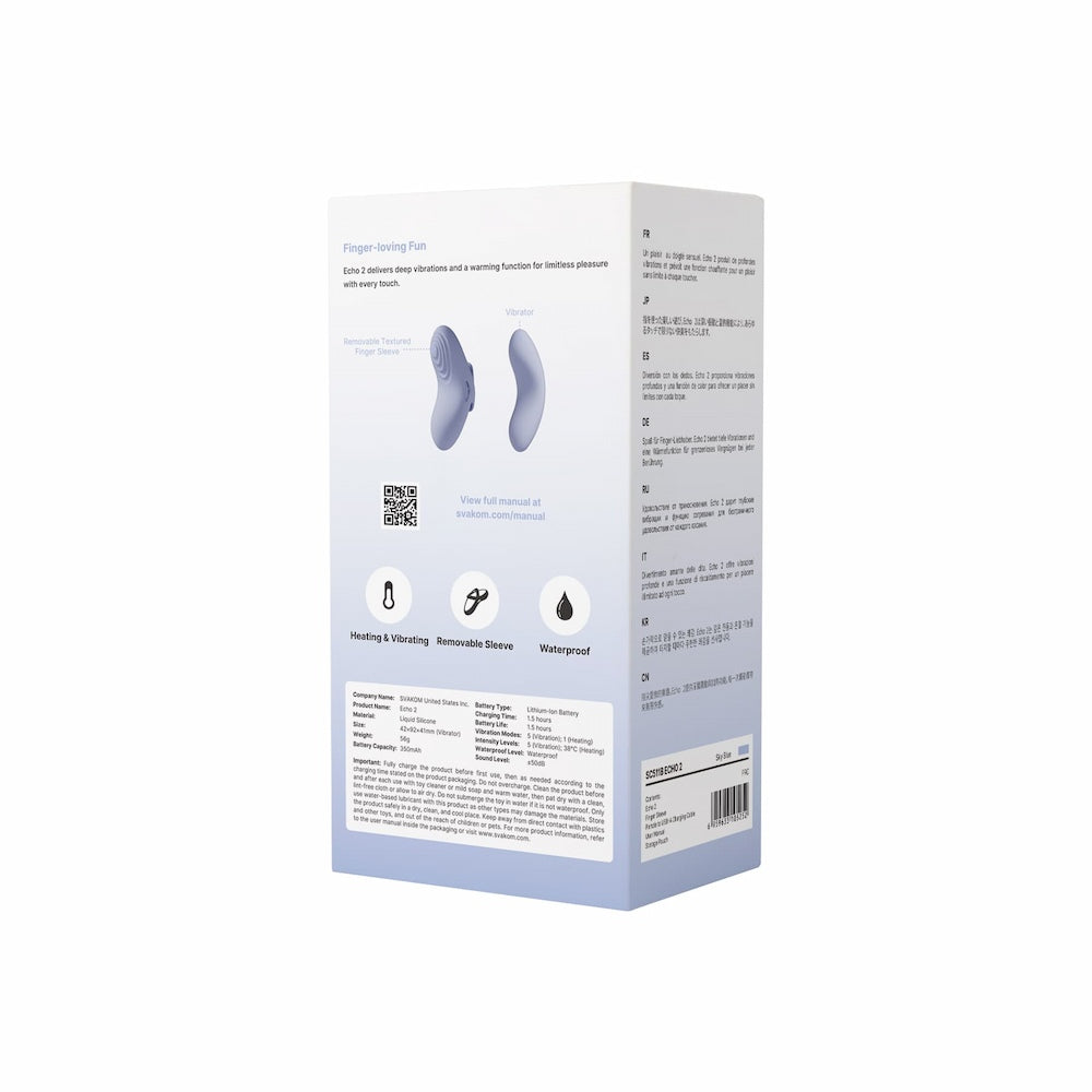 Rear View Of Svakom Echo 2 App-Controlled Flexible Finger Vibrator (Sky Blue) Packaging On White Background