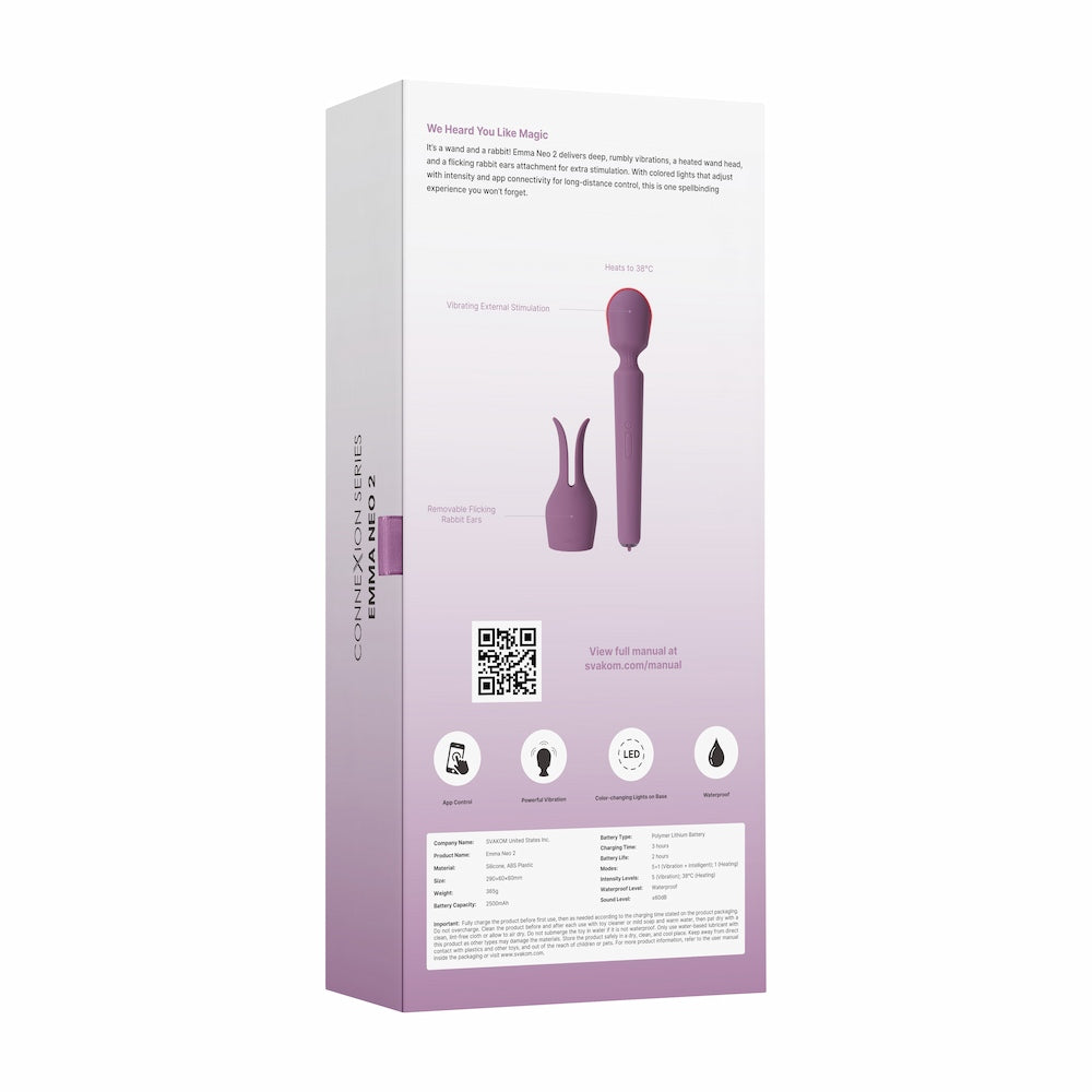 Back View Of Svakom Emma Neo 2 Interactive Warming Wand Vibrator Packaging On White Background
