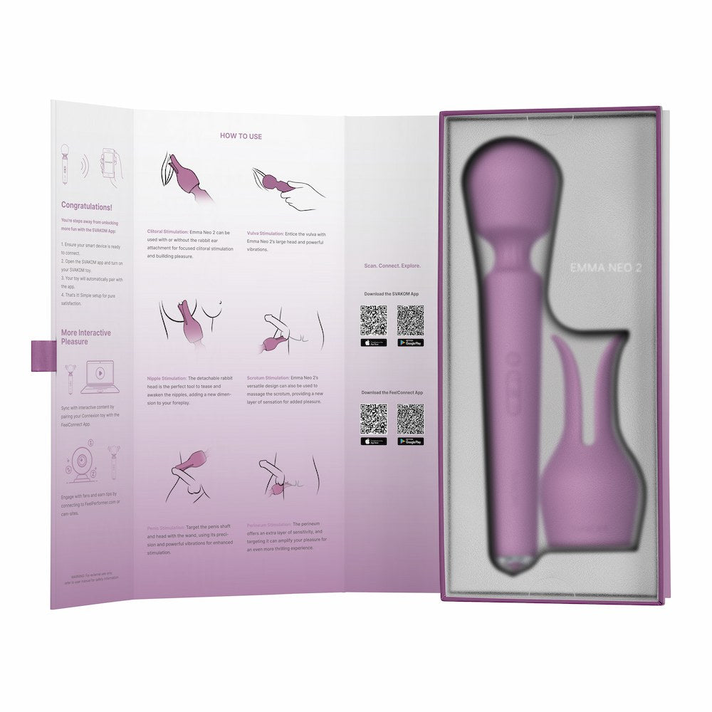 Contents Of Svakom Emma Neo 2 Interactive Warming Wand Vibrator With Instruction Manual