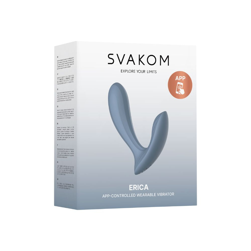 Front View of Svakom | Erica App-Controlled Wearable Vibrator & Anal Stimulator (Dusty Blue) Packaging on White Background