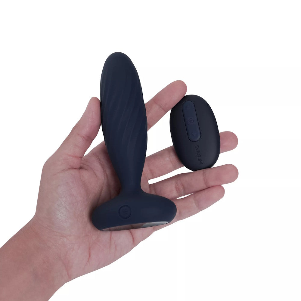 Svakom | Jordan Interactive Thrusting Anal Vibrator and Remote in Hand