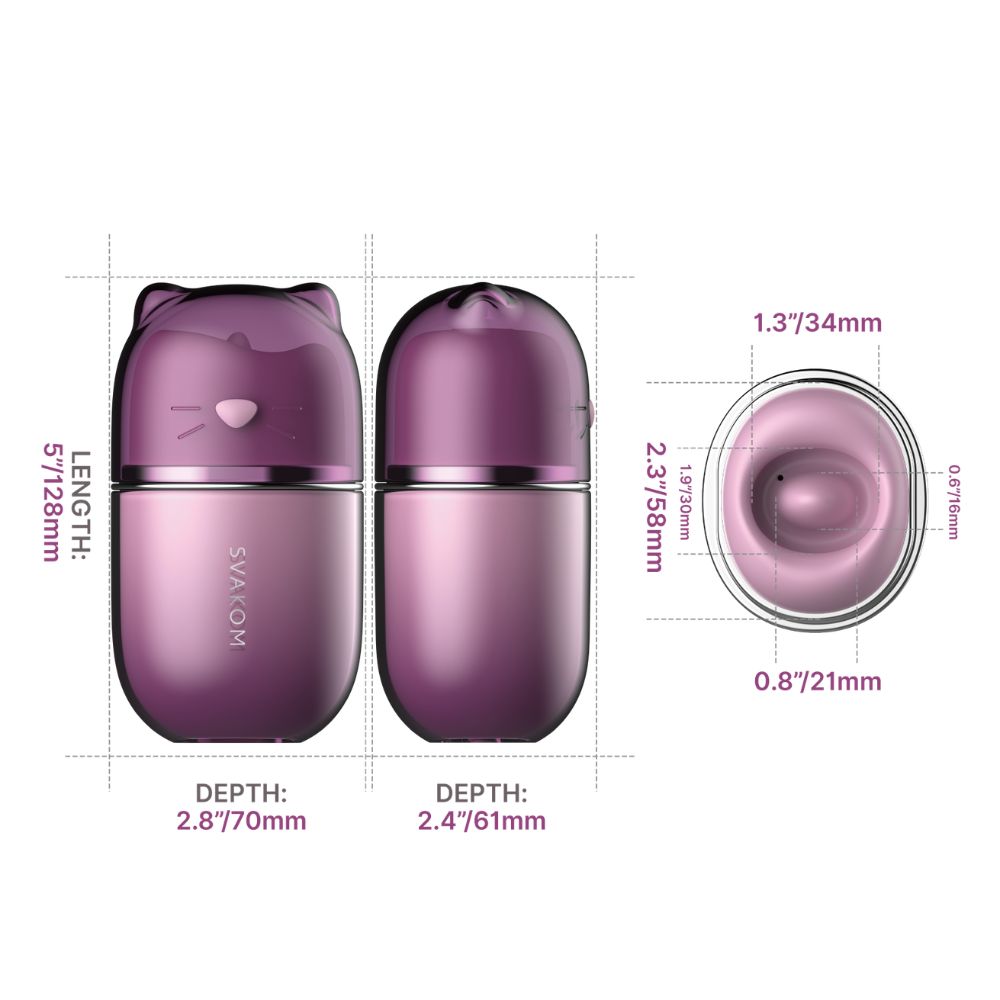 Size guide image for the Svakom Klitty Interactive Licking, Sucking & Vibrating Clitoral Stimulator showing front, back and top views with product measurements.