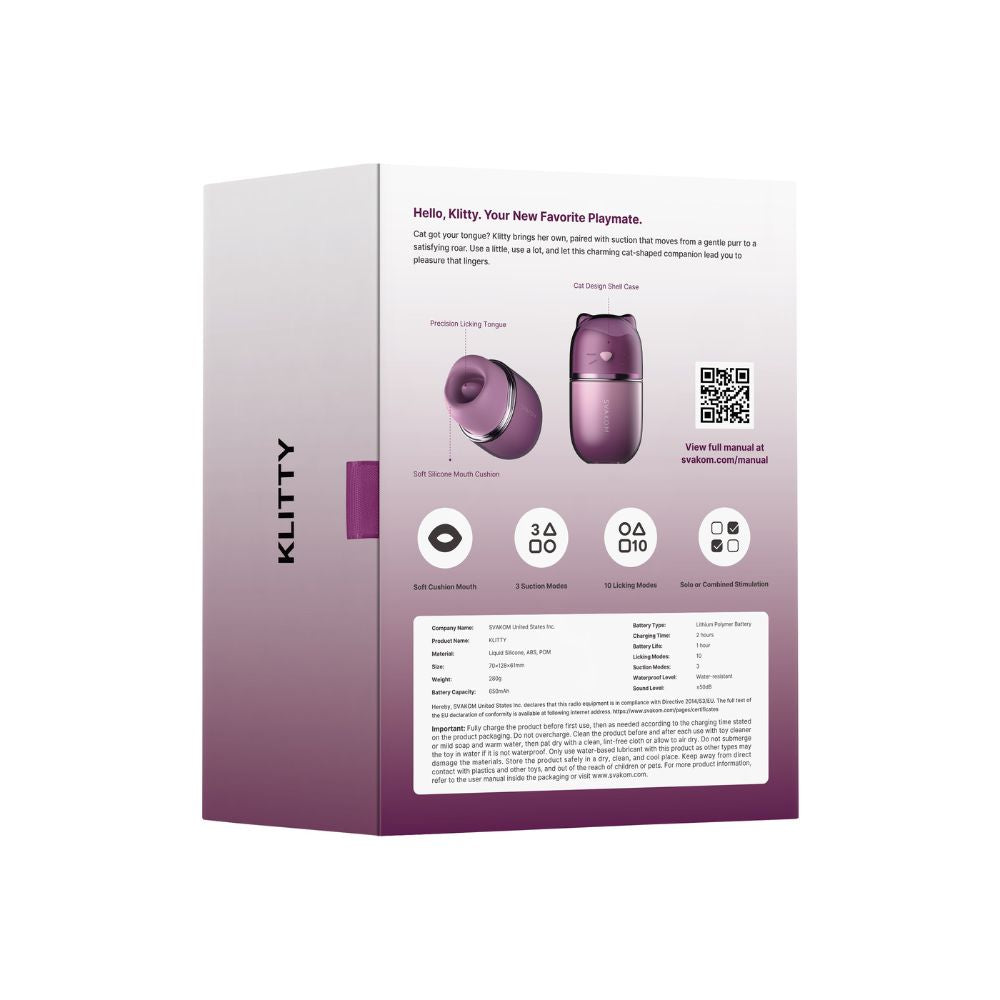 Back angled view of the Svakom Klitty Interactive Licking, Sucking & Vibrating Clitoral Stimulator packaging box showing product information, feature icons, QR code and specifications on a white background.