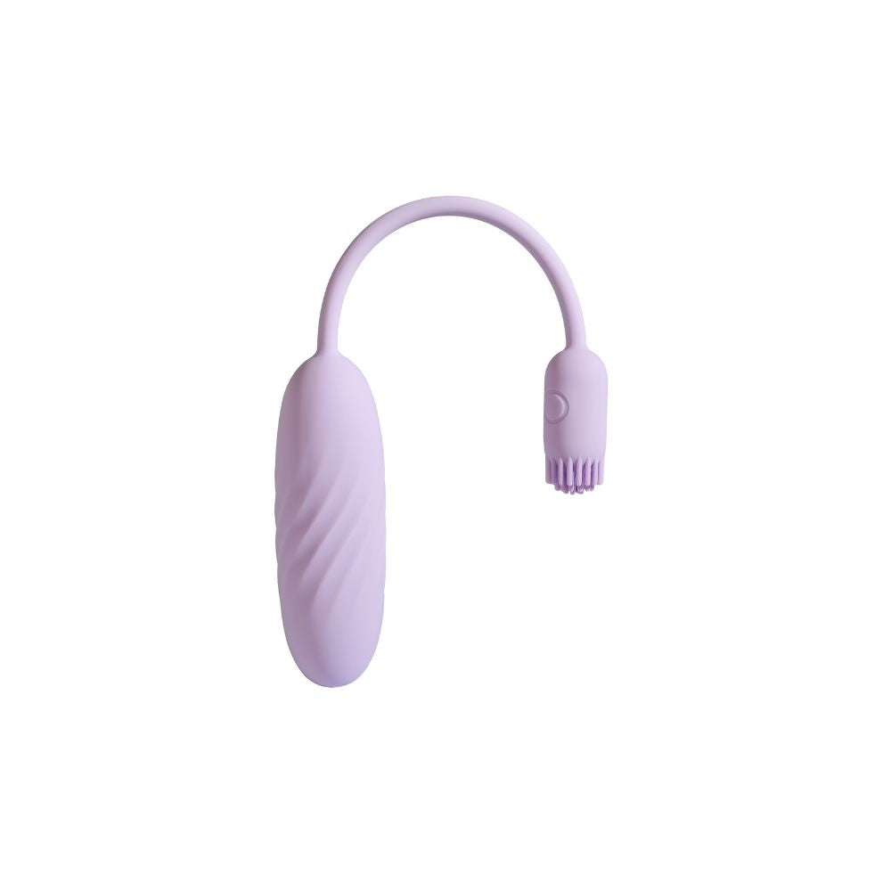 Front view of Svakom Plume Interactive Brush Tail Bullet Vibrator in pastel lilac, showing the slim bullet body, flexible tail and brush-tip end on a white background.