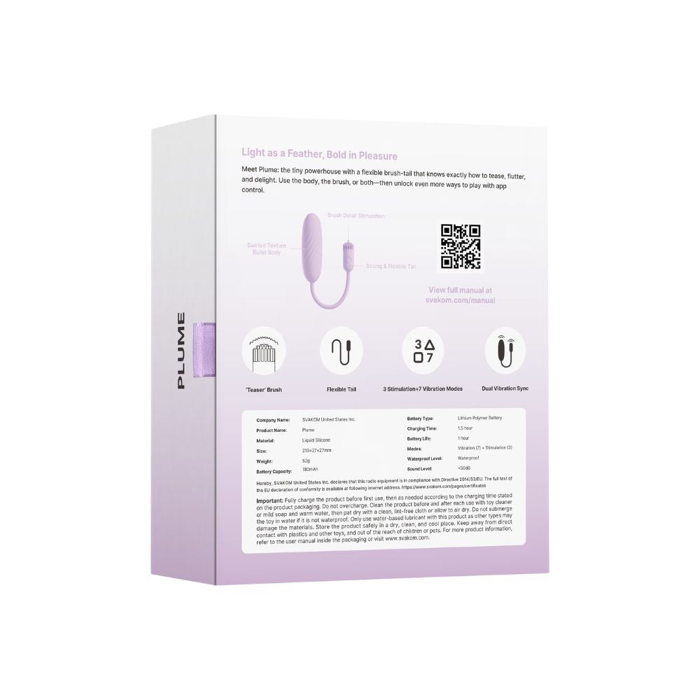 Back view of Svakom Plume Interactive Brush Tail Bullet Vibrator packaging box showing the product features, specifications, QR code and usage information.