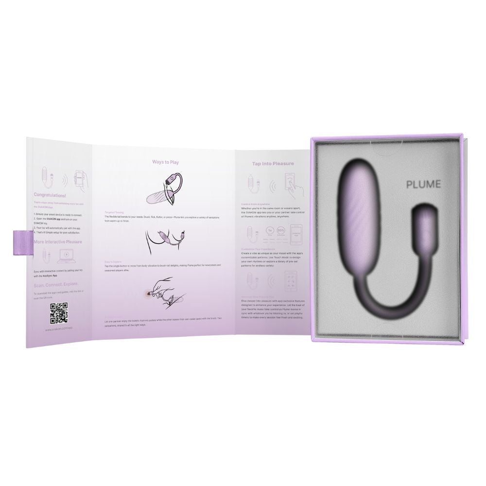 Svakom Plume Interactive Brush Tail Bullet Vibrator displayed in its open packaging with the instruction booklet and inner tray visible.
