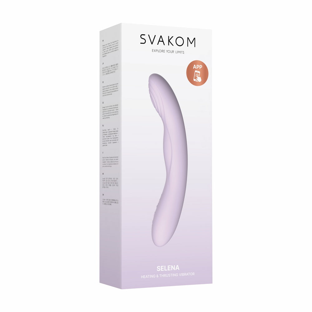 Front view of Svakom Selena App-Controlled Heating & Thrusting G-Spot Vibrator Packaging On White Background