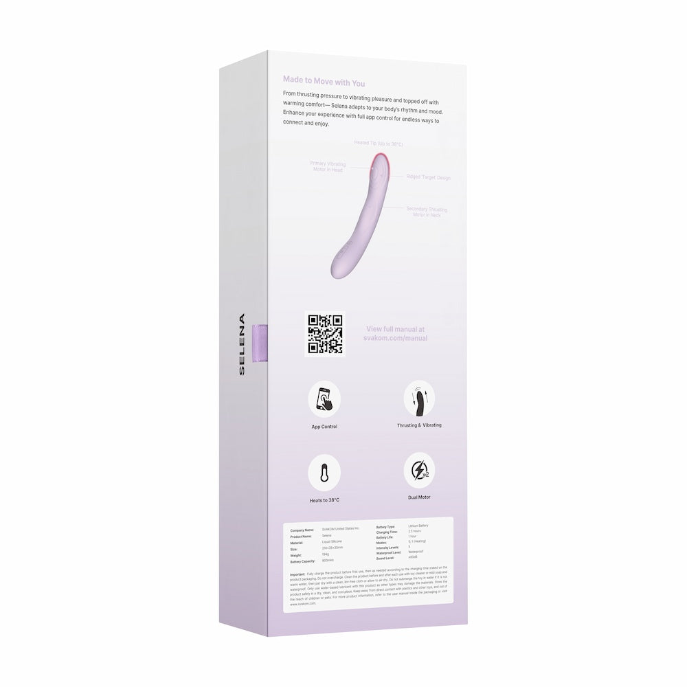Rear view of Svakom Selena App-Controlled Heating & Thrusting G-Spot Vibrator Packaging On White Background