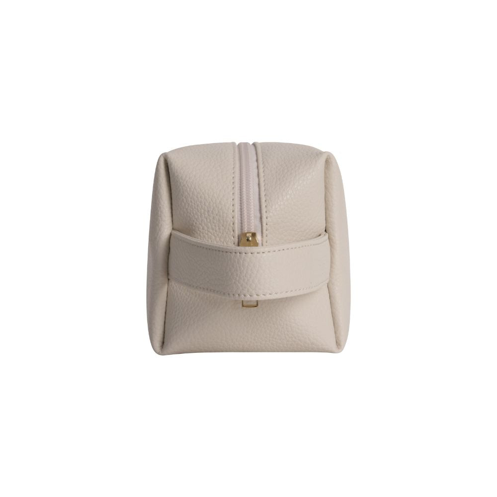 End view of the Svakom | Vegan Leather Storage Bag with Carry Handle (Beige), showing the zip closure, stitched carry handle and gold-tone zipper pull on a plain white background