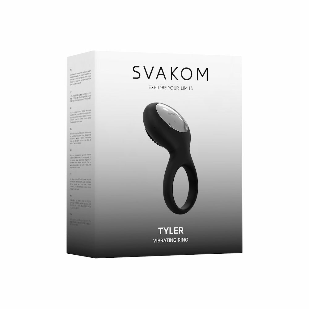 Svakom Tyler Couples Rechargeable Vibrating Penis Ring (Black) packaging on a white background