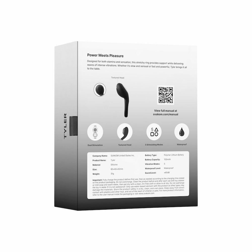 Svakom Tyler Couples Rechargeable Vibrating Penis Ring (Black) packaging with product details on a white background