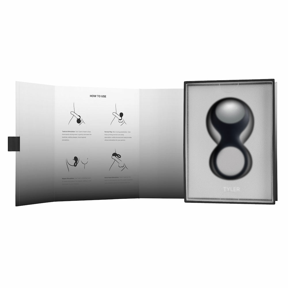 Svakom Tyler Couples Rechargeable Vibrating Penis Ring (Black) in packaging with user manual on a white background