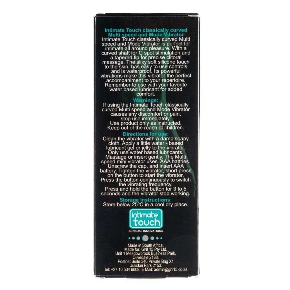 Back view of packaging for Classically Curved G-Spot Vibrator | Intimate Touch