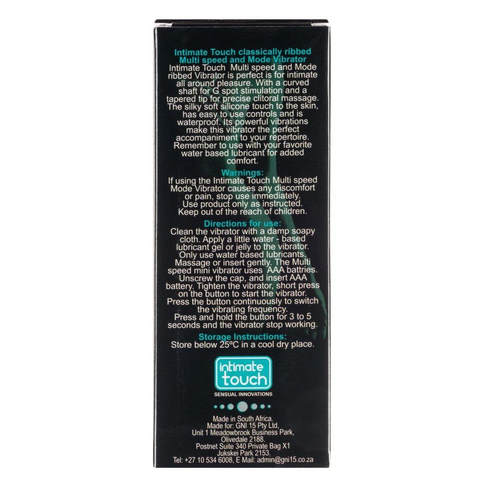 Back view of packaging for Classically Ribbed G-Spot Vibrator | Intimate Touch