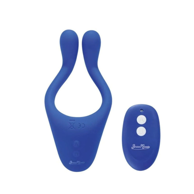 Full view of Doppio 2.0 Remote-Controlled Couple's Vibrator | BeauMents - Blue