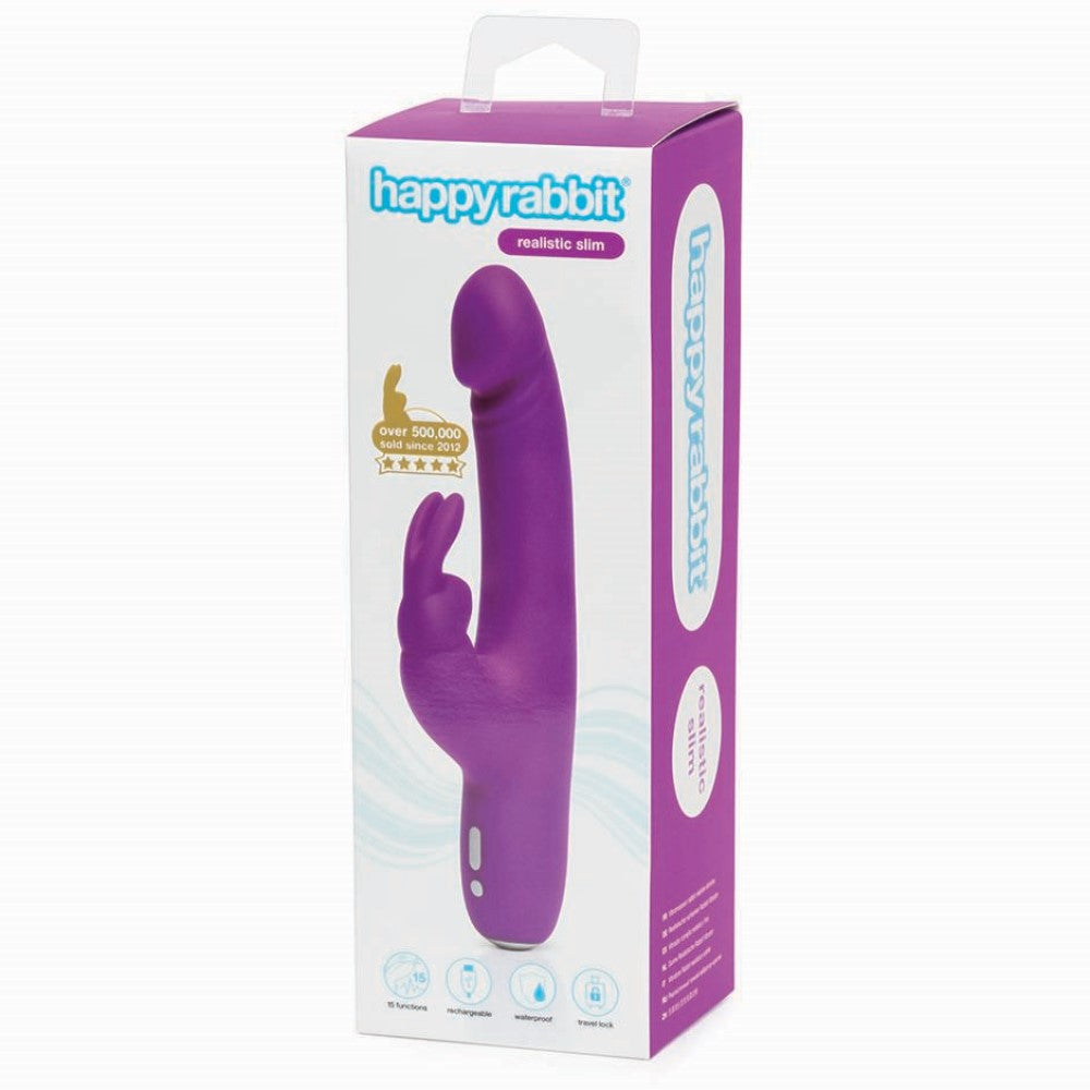 Product packaging of Happy Rabbit Slimline Realistic Rabbit Vibrator | LoveHoney - Purple