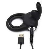 Happy Rabbit Vibrating Love Ring | LoveHoney - Black with charging accesories