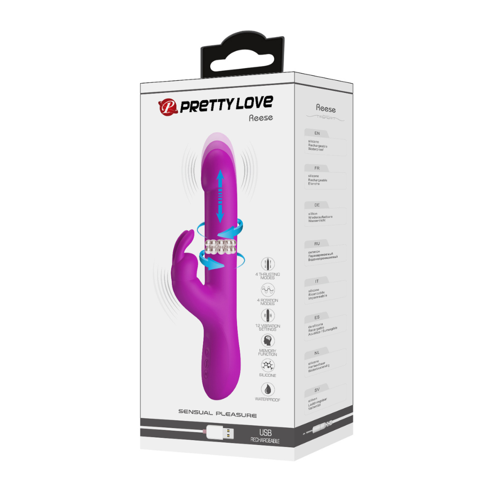 Product packaging of the Reese Rotating and Thrusting Rabbit Vibrator | Pretty Love - Purple