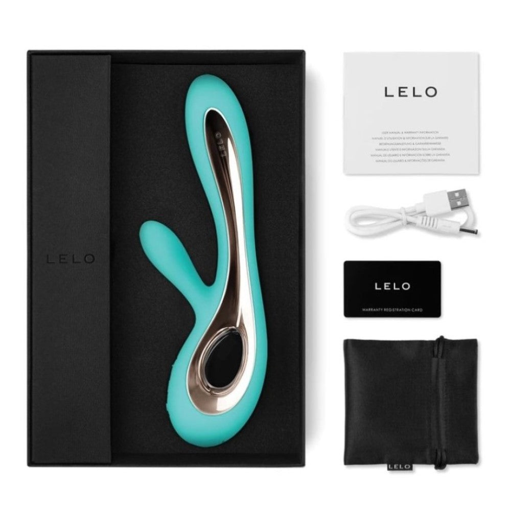 Packaging contents of Soraya G-Spot And Clitoral Rabbit Vibrator | Lelo - Aqua