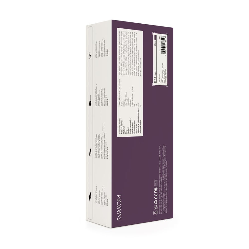 Rear view of Avery Thrusting Rabbit Vibrator | Svakom (Lilac) packaging