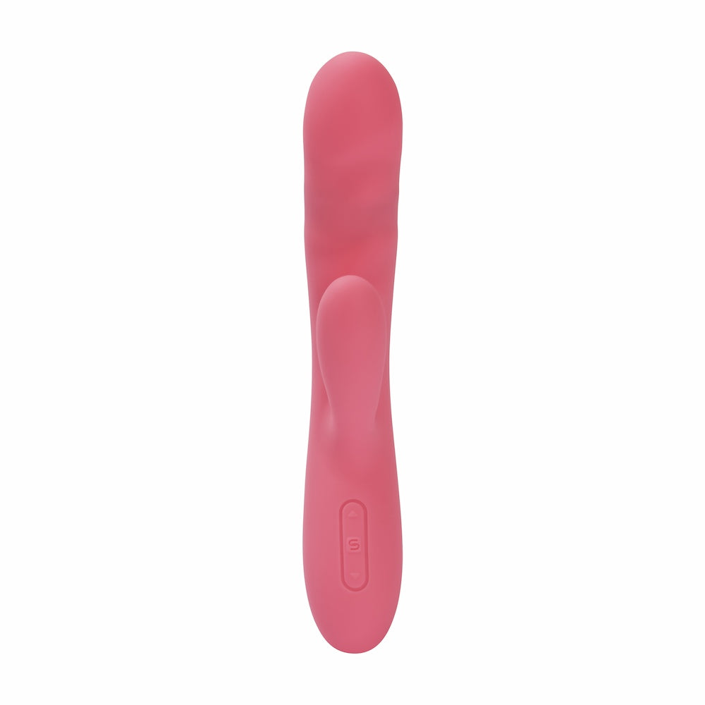 Front View Of Avery Thrusting Rabbit Vibrator | Svakom - Strawberry Pink Showing Control Buttons On White Background