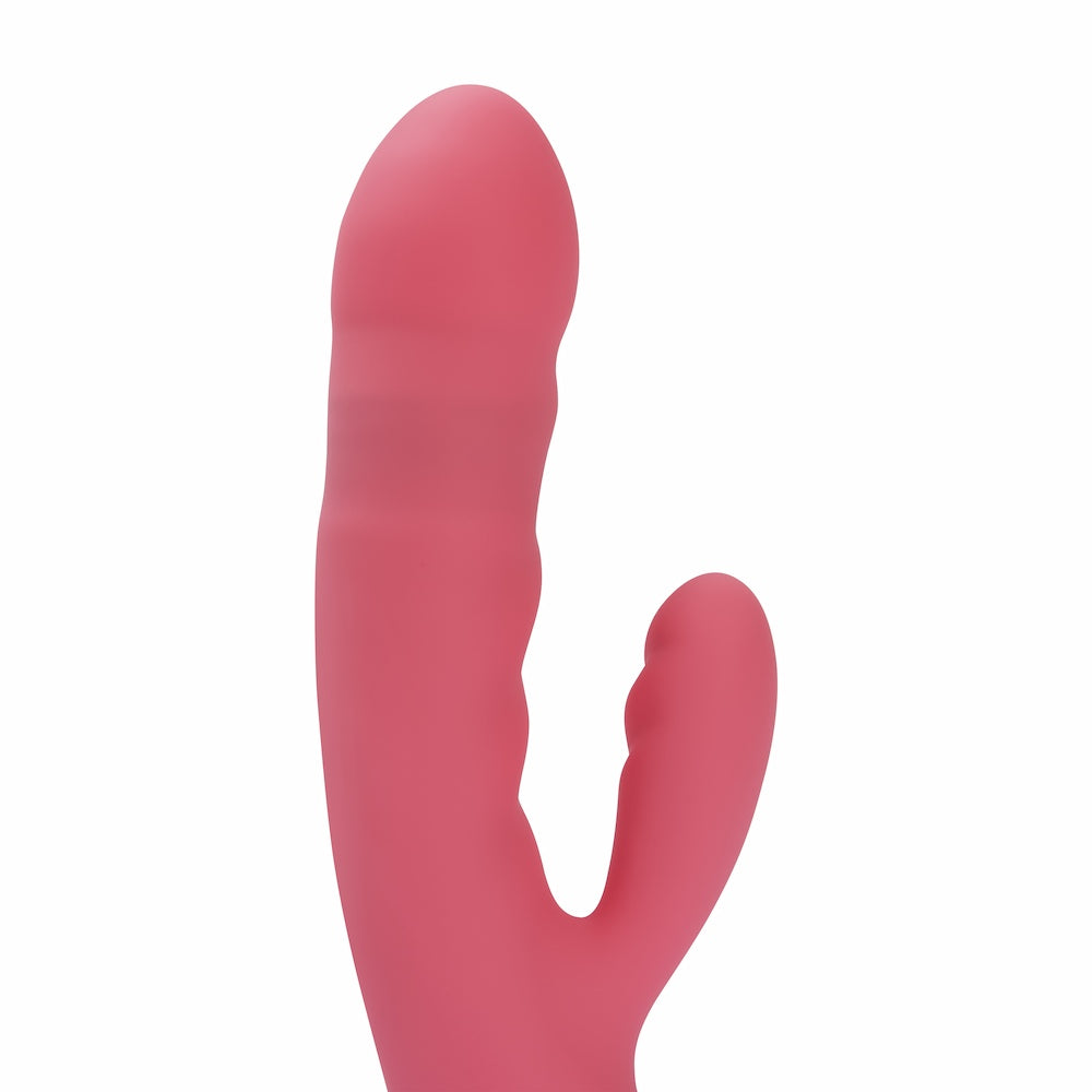 Close-up View Of Avery Thrusting Rabbit Vibrator | Svakom - Strawberry Pink On White Background