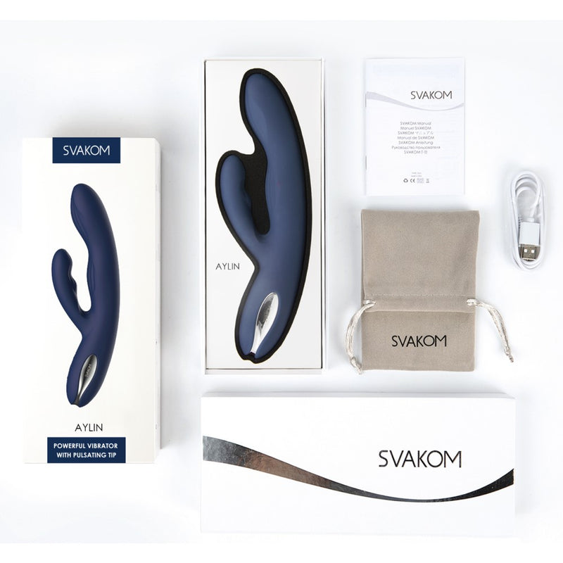 Packaging contents of Aylin Powerful Pulsating Dual-Headed Rabbit Vibrator | Svakom (Dark Blue)