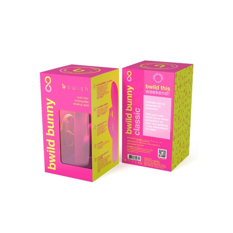 Front and rear view of B Swish | Bwild Bunny Infinite Classic LIMITED EDITION Rechargeable Rabbit Vibrator (Sunset Pink) packaging