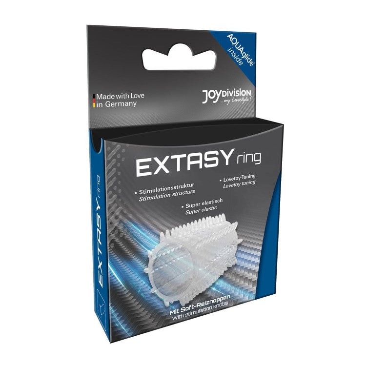 Product packaging of the EXTASYring Stimulating Penis Sleeve | JoyDivision