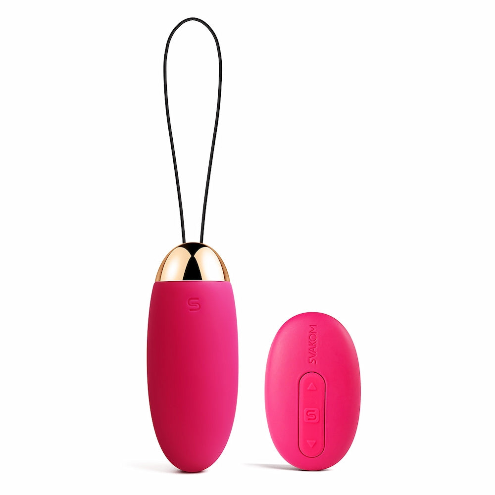 Front View Of Elva Remote-Controlled Vibrating Bullet Egg | Svakom - Plum Red With Remote On White Background