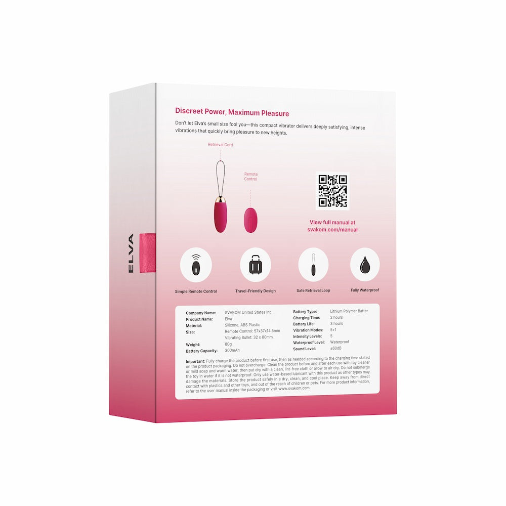 Back View Of Elva Remote-Controlled Vibrating Bullet Egg | Svakom - Plum Red In Closed Packaging On White Background