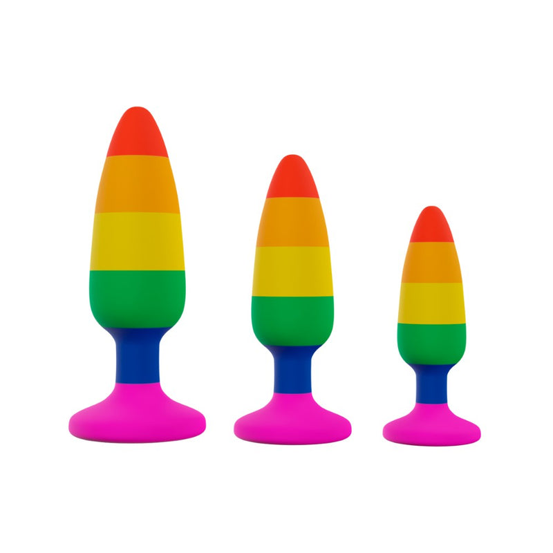 Various sizes of the Hiperloo Silicone Rainbow Anal Plug | Wooomy