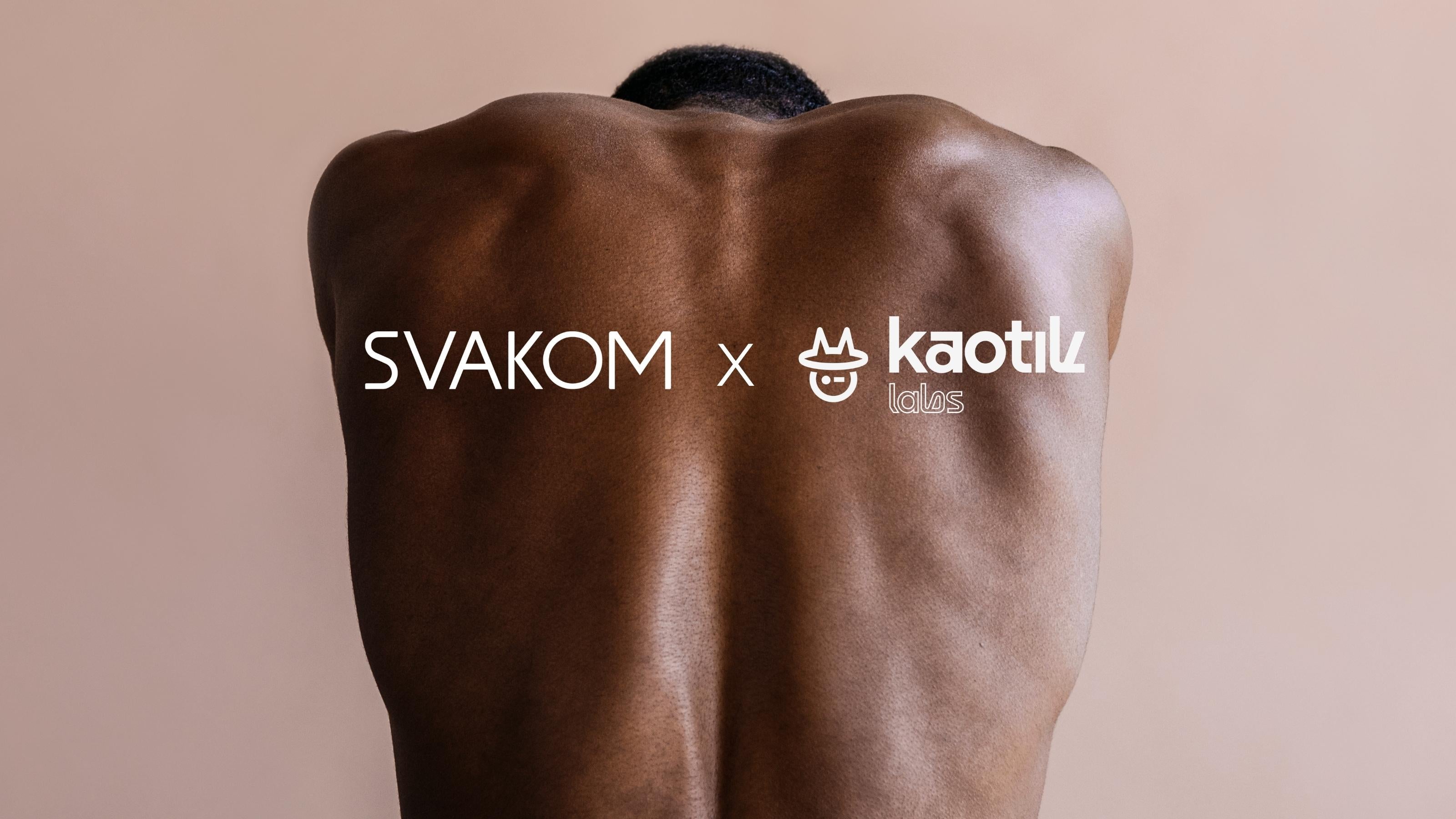Back of a man with 'SVAKOM x Kaotik Labs' logos displayed on a beige background | OneNightOnly