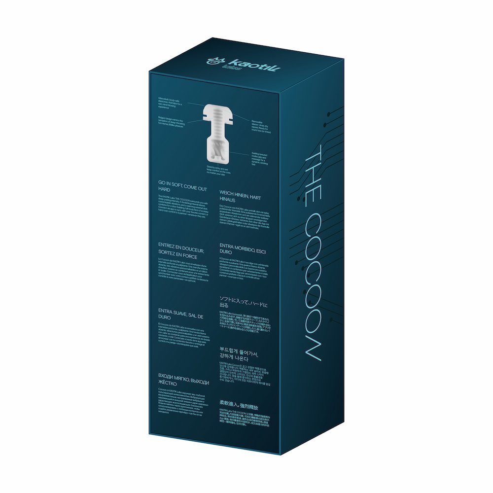 Back view of Kaotik Labs The Cocoon Interactive Vibrating, Throbbing & Warming Masturbator packaging box showing product information and multilingual descriptions.