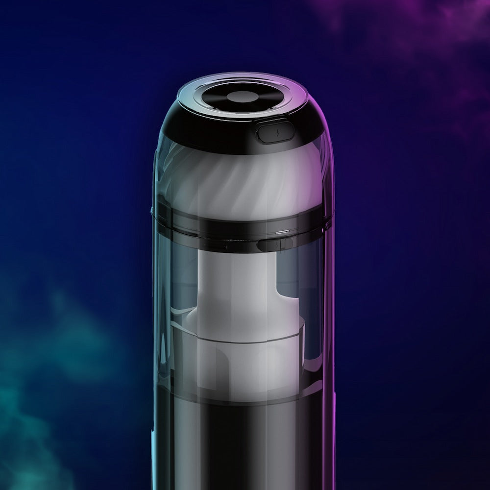 Close-up angled view of Kaotik Labs The Cocoon Interactive Vibrating, Throbbing & Warming Masturbator on a dark blue and purple background.