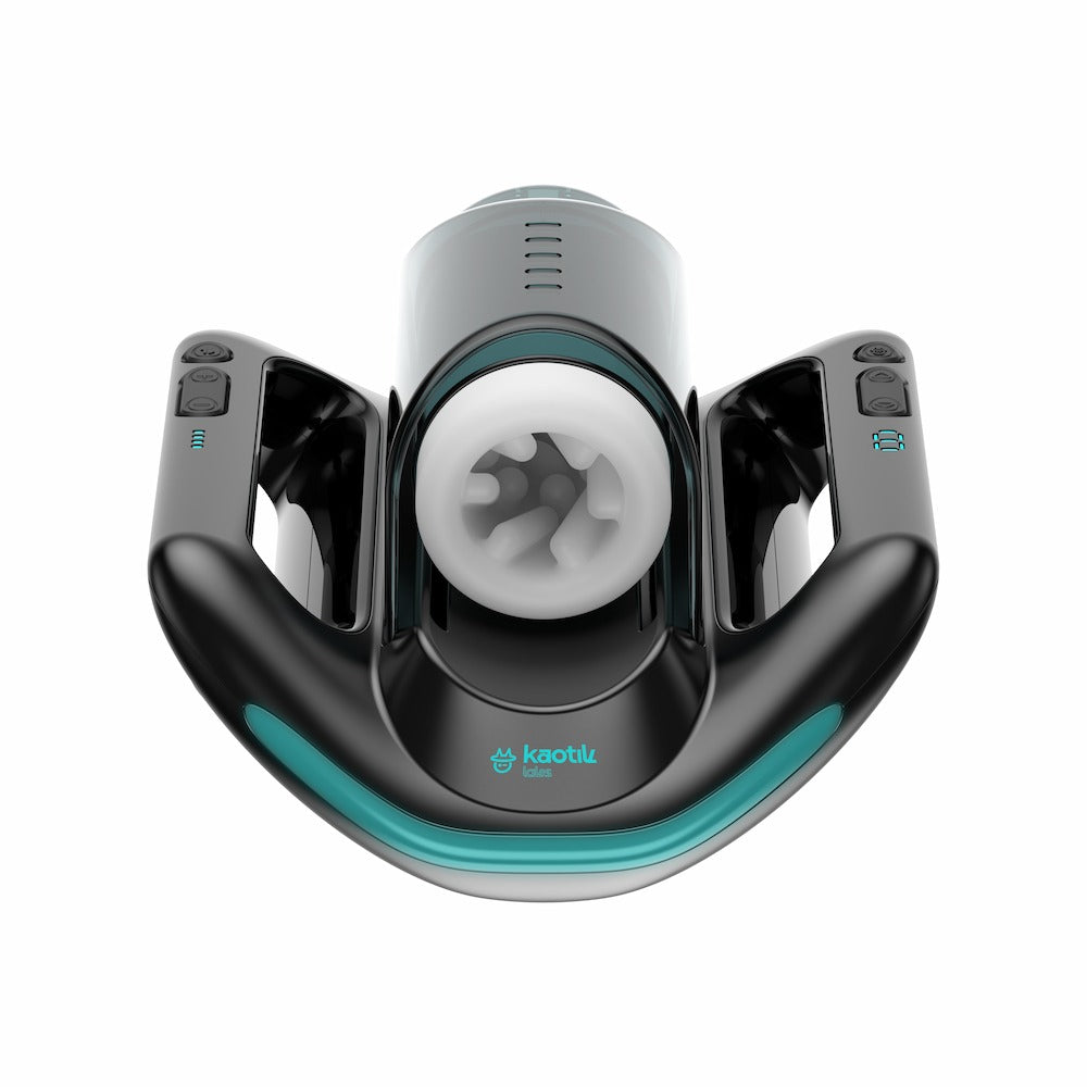 Front angled view of Kaotik Labs The Jetpack Interactive Double-Handed Thrusting Masturbator showing the white sleeve opening, double handles, control buttons and teal accent strip on a white background.