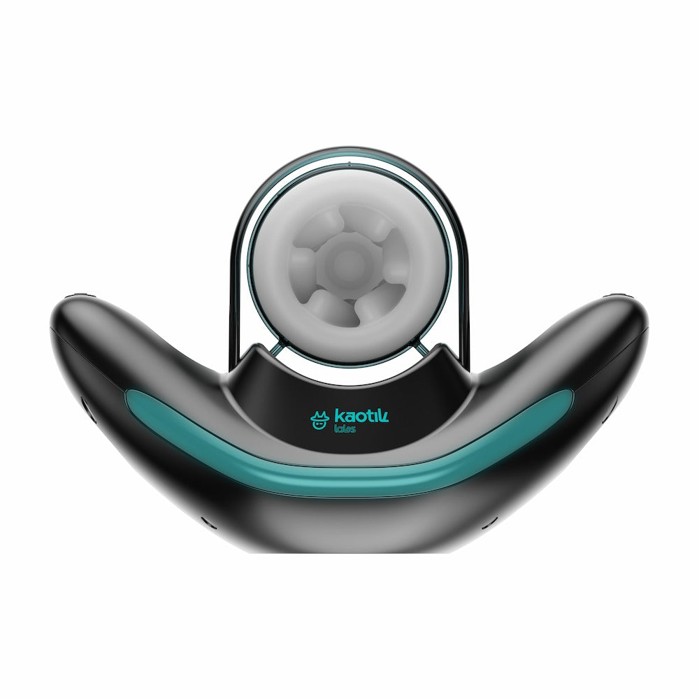 Front view of Kaotik Labs The Jetpack Interactive Double-Handed Thrusting Masturbator showing the white sleeve opening, double handles and teal accent strip on a white background.