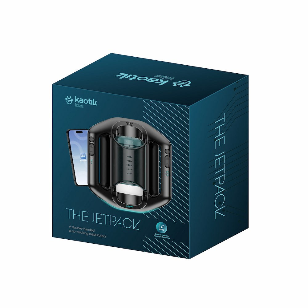 Front view of Kaotik Labs The Jetpack Interactive Double-Handed Thrusting Masturbator packaging box showing the product image and app graphic.