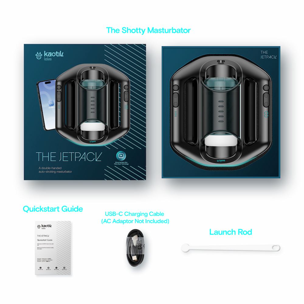 Packaging contents for Kaotik Labs The Jetpack Interactive Double-Handed Thrusting Masturbator showing the box, device, quickstart guide, USB-C charging cable and launch rod.