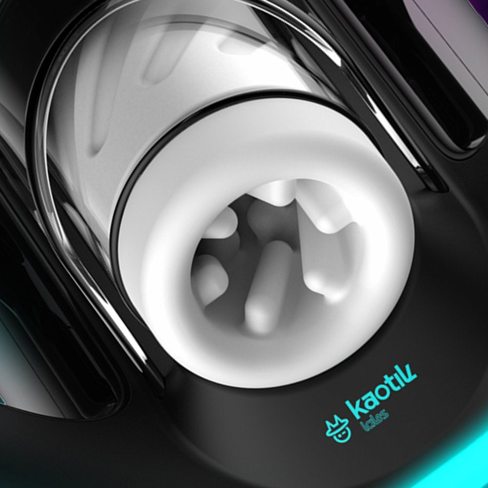 Close-up view of Kaotik Labs The Jetpack Interactive Double-Handed Thrusting Masturbator showing the white textured sleeve opening and black body.