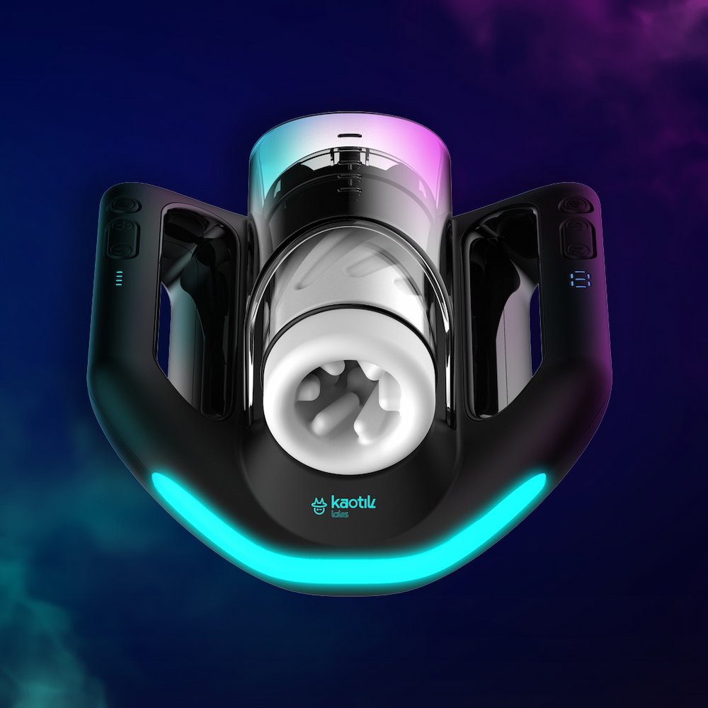 Front view of Kaotik Labs The Jetpack Interactive Double-Handed Thrusting Masturbator on a dark blue and purple background with the teal accent strip illuminated.