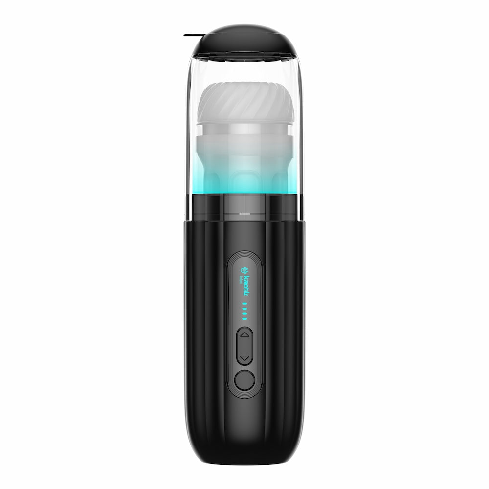 Front view of Kaotik Labs The Shockwave Interactive Powerful Thrusting Masturbator showing the transparent cover, white textured sleeve, control buttons and battery indicator on a white background.
