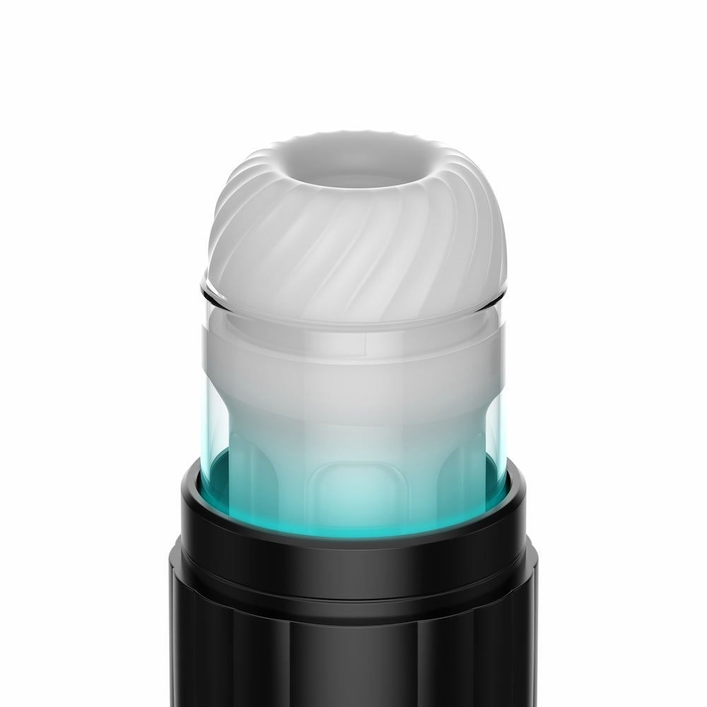 Close-up front view of Kaotik Labs The Shockwave Interactive Powerful Thrusting Masturbator showing the white sleeve insert and transparent LED teal chamber above the black base.