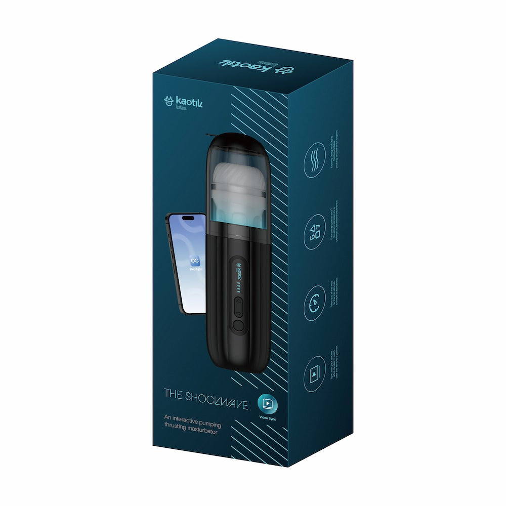 Front view of Kaotik Labs The Shockwave Interactive Powerful Thrusting Masturbator packaging box showing the product image, app graphic and feature icons.
