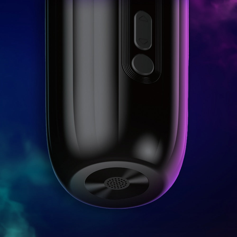 Close-up bottom view of Kaotik Labs The Shockwave Interactive Powerful Thrusting Masturbator on a dark blue and purple background showing the lower body, control buttons and vent.